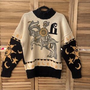 Vintage Hand Knitted England for Artwork Sweater Equestrian Knight Sun Print